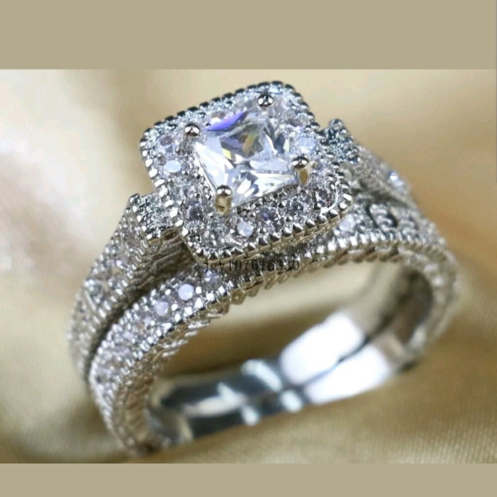 2Pc princess cut ring sterling silver wedding ring